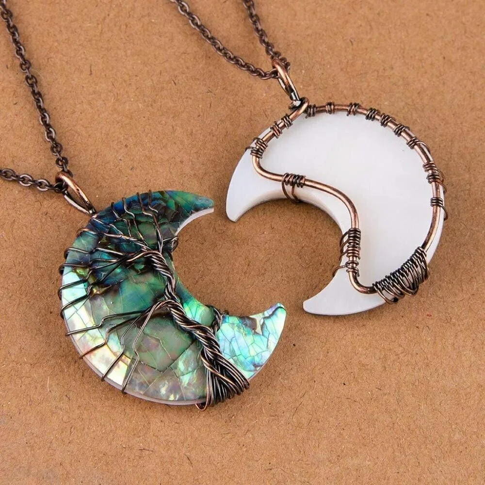 Witch Moon Necklace Copper Wire Abalone Crystal Pendant Natural Stones